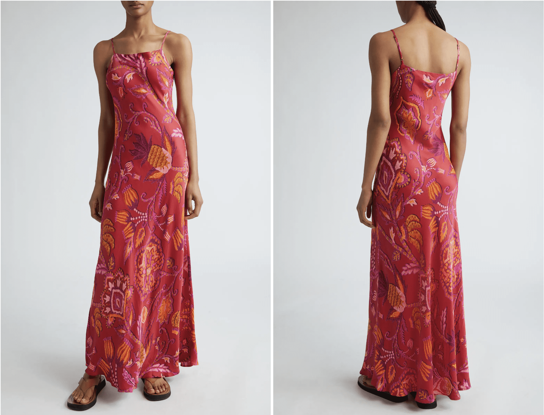 A person showcases a must-have red dress, perfect for the 2024 fashion season. Its vibrant floral and geometric pattern, flowing elegantly to the floor, makes it a standout pick at the Nordstrom Anniversary Sale. Paired with black sandals, its captured flawlessly from both front and back.